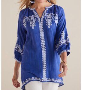 Soft Surroundings Coruh Gauze Top Medium Blue White Embroidered Tunic Hi Low